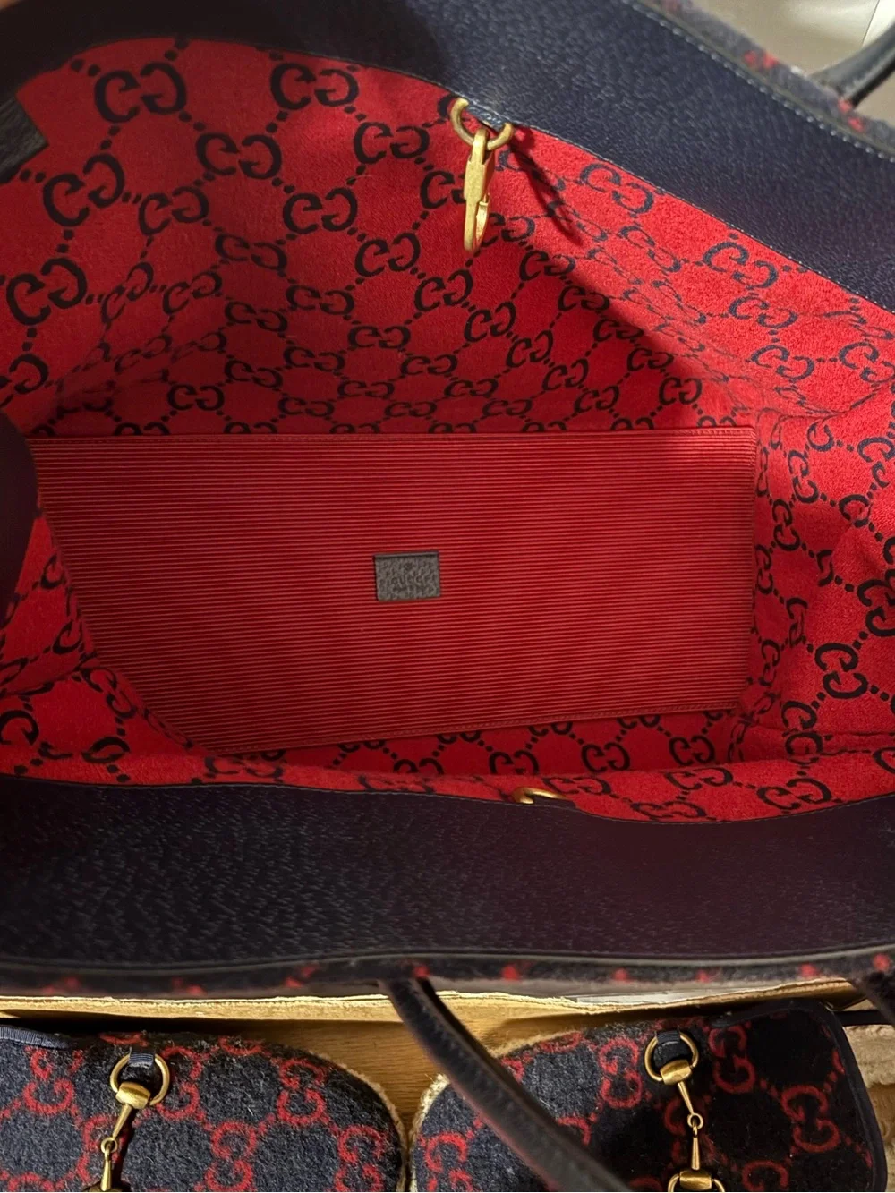 Gucci Navy and Red GG Wool Tote with Leather Trim
